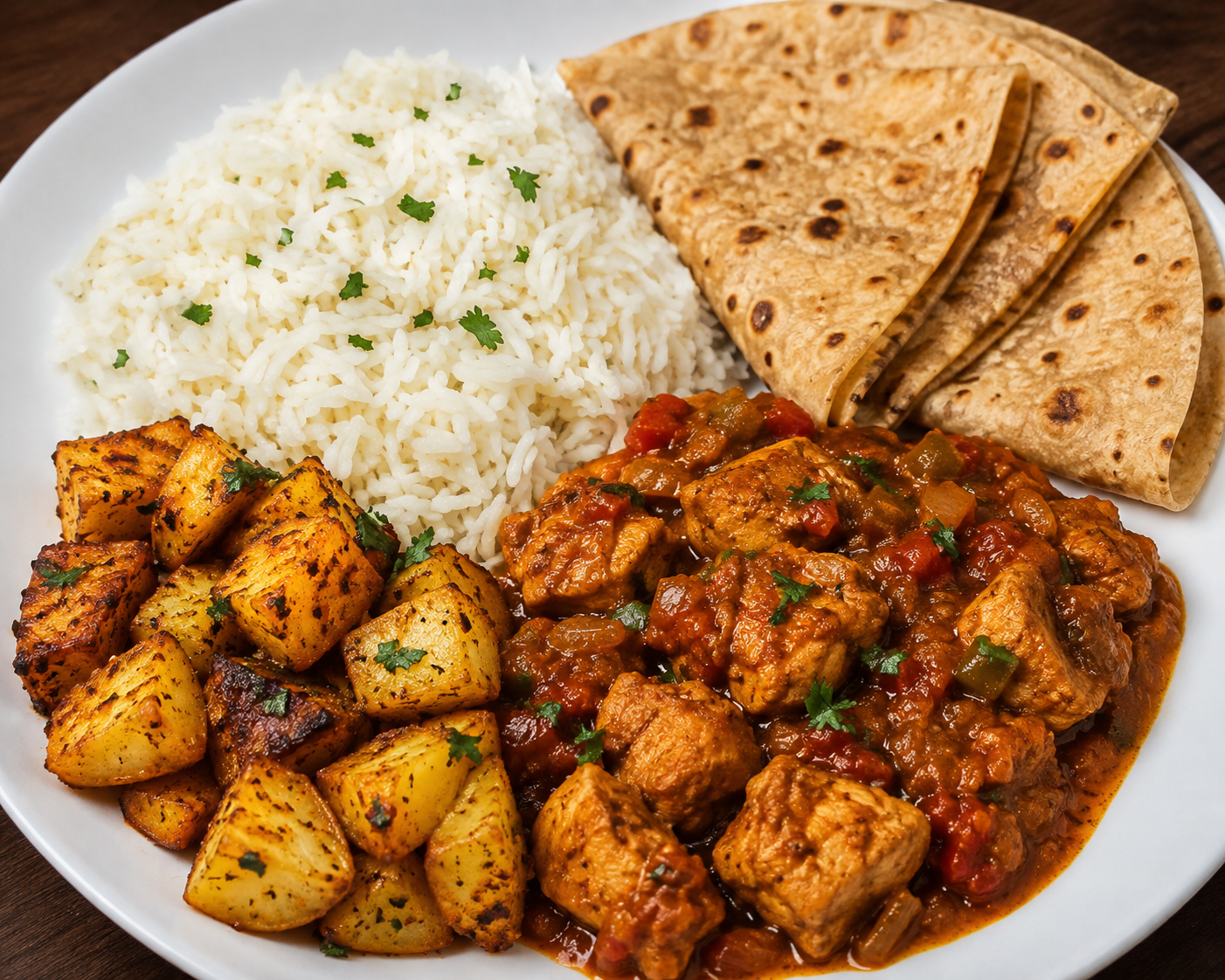 Chicken stew with jasmine rice, roast potatoes and chapati